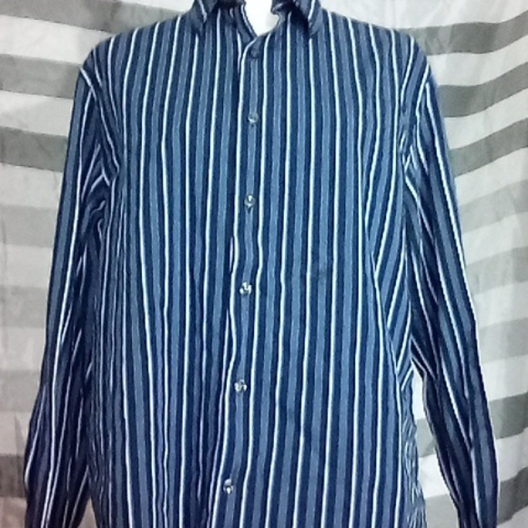 Perry Ellis Medium Men's Long Sleeve Button Up Dress Shirt Blue/White Stripes - Picture 4 of 8